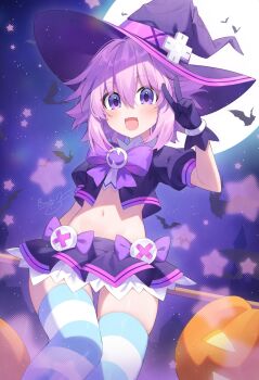 1girl :d adapted_costume bat_(animal) binato_lulu black_gloves blue_thighhighs blush bow bowtie broom broom_riding commentary cropped_jacket d-pad english_commentary full_moon gloves groin hair_between_eyes hair_ornament halloween halloween_costume hat hat_ornament highres huge_moon jack-o&#039;-lantern jacket looking_at_viewer miniskirt moon navel neptune_(neptunia) neptune_(series) night open_mouth outdoors pink_hair puffy_short_sleeves puffy_sleeves pumpkin purple_background purple_bow purple_bowtie purple_eyes purple_skirt short_hair short_sleeves signature sitting skindentation skirt sky smile solo star_(sky) star_(symbol) starry_sky stomach striped_clothes striped_thighhighs thighhighs v white_thighhighs witch witch_hat zettai_ryouiki