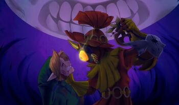 2boys aura bad_end bleeding blonde_hair blood broken broken_mask clenched_teeth colored_sclera commentary corruption dark_persona defeat english_commentary fingerless_gloves floating frown gloves glowing glowing_eyes grabbing_another's_head green_eyes green_hat hat holding holding_mask horns injury link looking_at_another majora_(entity) mask moon moon_(zelda) multiple_boys night nintendo orange_hat pointy_ears possessed possession scratches shadowscarknight short_hair skull_kid sky teeth the_legend_of_zelda the_legend_of_zelda:_majora's_mask yellow_sclera young_link