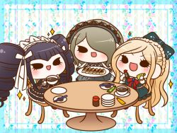 Rule 34 | 3girls, black dress, black eyes, black gloves, black hair, black jacket, black skirt, blonde hair, blue border, blue gemstone, border, bottle, bow, bowtie, braid, brooch, brown footwear, celestia ludenberg, chibi, chopsticks, collared shirt, commentary request, cross-laced footwear, crown braid, cup, danganronpa: trigger happy havoc, danganronpa (series), danganronpa 2: goodbye despair, danganronpa v3: killing harmony, dangle earrings, dress, drill hair, drink, dumpling, earrings, eyelashes, floral background, food, frilled dress, frilled hairband, frilled jacket, frilled shirt collar, frilled skirt, frilled sleeves, frills, gem, gloves, gold bracelet, green bow, green skirt, green vest, grey hairband, hair bow, hair over one eye, hairband, holding, holding bottle, holding drink, holding plate, jacket, jewelry, jiaozi, lace, lace-trimmed dress, lace-trimmed hairband, lace trim, light blush, lolita hairband, long dress, long hair, long sleeves, miniskirt, multiple girls, necktie, on chair, open clothes, open jacket, open mouth, outside border, pale skin, planet earrings, plate, puffy short sleeves, puffy sleeves, purple necktie, red bow, red bowtie, red necktie, ribbon, shirt, shoes, short sleeves, simple background, sitting, skirt, skirt set, sleeve ribbon, sleeveless, sleeveless dress, sleeves past wrists, smile, solid eyes, sonia nevermind, soy sauce, sparkle, spider web print, table, tea, teacup, tojo kirumi, twin drills, twintails, very long hair, vest, white background, white bow, white hairband, white ribbon, white shirt, yumaru (marumarumaru)