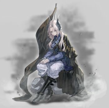 1girl :/ ammunition black_boots black_cape blue_jacket boots cape crossed_legs full_body grey_background grey_eyes grey_hair gun hair_ornament highres interlocked_fingers jacket long_hair looking_at_viewer military_uniform mmihpyy on_rock own_hands_together pants reverse:1999 rifle rifle_cartridge sentinel_(reverse:1999) side_cape sitting solo weapon white_pants