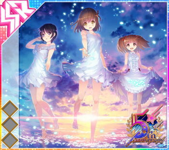 Rule 34 | 3girls, :d, album cover, amane ai, anniversary, bare arms, bare legs, bare shoulders, barefoot, blue sky, blunt bangs, blush, bow, breasts, brown eyes, brown hair, cleavage, cloud, cloudy sky, cover, dot nose, dress, english text, falling petals, flower, flower on liquid, game cg, gradient sky, hair bow, idol wars, jewelry, large breasts, medium breasts, medium hair, momose megu, morning, multiple girls, necklace, off-shoulder dress, off shoulder, official art, open mouth, outstretched arm, petals, purple eyes, purple hair, red bow, red eyes, short hair, short twintails, skirt hold, sky, sleeveless, sleeveless dress, smile, standing, standing on one leg, sunrise, third-party source, twintails, wading, water, white dress, white flower, white petals, yellow sky, yukishiro nagisa