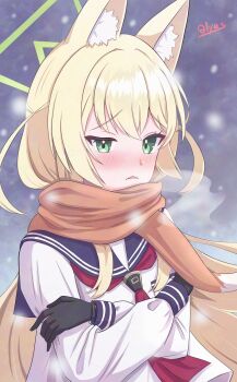 1girl absurdres adapted_costume adversarial_noise animal_ear_fluff animal_ears artist_name black_gloves black_sailor_collar blonde_hair blue_archive blush breath cold commentary_request crossed_arms enpera floating_hair fox_ears fox_girl furrowed_brow gloves green_eyes green_halo hair_between_eyes halo highres kurumi_(blue_archive) long_hair long_sleeves looking_at_viewer neckerchief nose_blush orange_scarf outdoors parted_lips partial_commentary qlyus red_neckerchief sailor_collar scarf school_uniform serafuku shirt sidelocks signature snowing solo triangle_halo two_side_up upper_body very_long_hair watermark wavy_mouth white_shirt wind winter