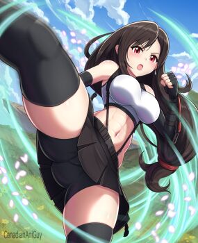 1girl abs ass attack bare_shoulders bike_shorts bike_shorts_under_skirt black_gloves black_skirt blue_sky blush breasts brown_eyes brown_hair canadiananiguy cherry_blossoms elbow_gloves elbow_pads falling_petals final_fantasy final_fantasy_vii final_fantasy_vii_remake fingerless_gloves gloves gluteal_fold high_kick highres incoming_attack kicking incoming_kick large_breasts light_blush long_hair looking_at_viewer low-tied_long_hair midriff miniskirt navel open_mouth outdoors petals pleated_skirt shorts shorts_under_skirt skirt sky solo suspender_skirt suspenders tank_top thighhighs tifa_lockhart upskirt white_tank_top wind