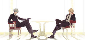 Rule 34 | 2boys, absurdres, antenna hair, black gloves, black jacket, black necktie, black pants, black shoes, black socks, blonde hair, blue eyes, braid, collared shirt, facial tattoo, from side, full body, gloves, gradient hair, head rest, highres, holding, holding gloves, holding unworn clothes, honkai: star rail, honkai (series), jacket, male focus, medium hair, migan, multicolored hair, multiple boys, mydei (honkai: star rail), necktie, pants, parted bangs, phainon (honkai: star rail), profile, red hair, red tattoo, shirt, shoes, short hair, side braid, single glove, sitting, socks, suit jacket, tattoo, unworn gloves, white hair, white shirt, yellow eyes