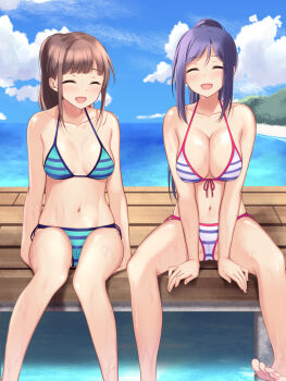 Rule 34 | 2girls, aqua bikini, bad id, bad pixiv id, bare legs, bare shoulders, barefoot, bikini, blue bikini, blue hair, blue sky, blush, breasts, brown hair, cleavage, closed eyes, cloud, collarbone, day, facing viewer, feet, feet out of frame, female focus, front-tie bikini top, front-tie top, hair between eyes, halterneck, high ponytail, highres, long hair, looking at viewer, love live!, love live! school idol festival, love live! sunshine!!, matsuura kanan, medium breasts, mobukichi, multiple girls, nail (hardware), nail polish, navel, ocean, open mouth, outdoors, parted lips, pink nails, ponytail, purple hair, real life insert, side-tie bikini bottom, sitting, sky, smile, string bikini, striped bikini, striped bikini top, striped clothes, suwa nanaka, swimsuit, toenail polish, toenails, voice actor connection, water, white bikini
