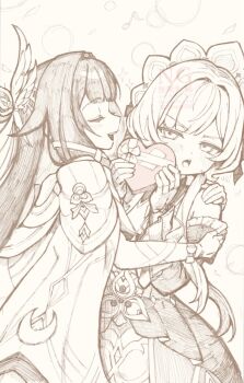 Rule 34 | 2girls, bare shoulders, bonnet, box, closed eyes, columbina (genshin impact), commentary request, detached collar, detached sleeves, dress, genshin impact, gift, gift box, gloves, hair ornament, hand on another's shoulder, head wings, headdress, heart, heart-shaped box, highres, holding, holding box, holding gift, hug, long hair, long sleeves, monochrome, multiple girls, multiple wings, musical note, open mouth, ribbon, sandrone (genshin impact), short hair with long locks, simple background, smile, star (symbol), touji (tozi526), valentine, white headdress, white wings, wing hair ornament, wings, wrist bow