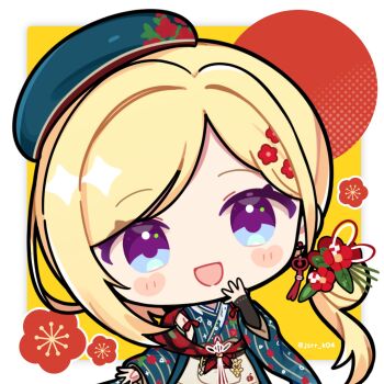 Rule 34 | 1girl, :d, aki rosenthal, blonde hair, blue kimono, blush stickers, border, chibi, chibi only, commentary, flower, full body, green hat, hair flower, hair ornament, hand up, hat, highres, hololive, japanese clothes, kashiwase karune, kimono, long hair, long sleeves, open mouth, outside border, parted bangs, purple eyes, smile, solo, standing, striped clothes, striped kimono, symbol-only commentary, twitter username, vertical-striped clothes, vertical-striped kimono, virtual youtuber, white border, yellow background