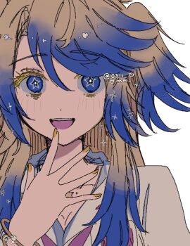 Rule 34 | 0311 mm, 1girl, animal ears, artist name, bandana around arm, blonde hair, blue eyes, blue hair, breasts, cleavage, commentary, highres, horse ears, horse girl, jewelry, long hair, looking at viewer, multicolored hair, necklace, obey your master (umamusume), open mouth, shirt, smile, solo, star-shaped pupils, star (symbol), star necklace, symbol-only commentary, symbol-shaped pupils, two-tone hair, umamusume, umamusume: cinderella gray, yellow nails