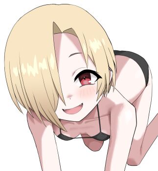 1girl all_fours alternate_costume bare_shoulders bikini black_bikini blonde_hair blush breasts earclip fangs foreshortening hair_over_one_eye halulu highres idolmaster idolmaster_cinderella_girls loli looking_at_viewer one_eye_covered open_mouth red_eyes shirasaka_koume short_hair simple_background small_breasts smile solo swimsuit white_background