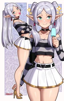 Rule 34 | 1girl, absurdres, bare legs, bare shoulders, belt, black belt, black choker, blowing bubble gum, breasts, buckle, chewing gum, choker, collarbone, commentary, cropped shirt, earrings, elf, english commentary, food, frieren, full body, green eyes, heart, heart-shaped buckle, heart choker, high heels, highres, holding, holding food, holding popsicle, jewelry, legs, long hair, long pointy ears, long sleeves, looking at viewer, midriff, multiple views, navel, off-shoulder shirt, off shoulder, parted bangs, pointy ears, popsicle, sarukaiwolf, shirt, skirt, small breasts, sousou no frieren, sparkle, striped clothes, striped shirt, twintails, white hair, white skirt