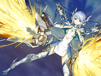 Rule 34 | 1girl, armor, blue dress, blue hair, breasts, dress, energy beam, gloves, green eyes, highres, mecha musume, mechanical ears, mechanical legs, mechanical wings, medium breasts, medium hair, multicolored dress, mytea (soso), original, science fiction, short dress, shoulder armor, sleeveless, sleeveless dress, solo, white dress, white gloves, wings