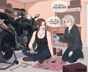 2girls aged_up bare_arms black_shoes black_tank_top blonde_hair blue_eyes blush bottle breasts brown_hair brown_shoes claire_redfield collarbone commentary converse denim dirty dirty_clothes dirty_face dirty_hands english_commentary english_text eyelashes garage gloves grace_ashcroft grease_(mechanical) grey_eyes grey_hoodie grey_streaks holding holding_bottle holding_tool hood hoodie impressed indian_style indoors jeans mature_eyes mature_female medium_breasts medium_hair motor_vehicle motorcycle multicolored_hair multiple_girls on_floor pants ponytail resident_evil resident_evil_requiem seiza shirt shoes sitting small_breasts smile speech_bubble streaked_hair tank_top tools tsarwenn water_bottle white_shirt
