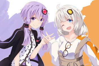 2girls ;d a.i._voice ahoge black-framed_eyewear black_jacket closed_mouth commentary_request glasses hair_between_eyes hair_ornament highres jacket kizuna_akari kizuna_akari_(a.i._voice) looking_at_viewer multiple_girls one_eye_closed open_mouth purple_eyes purple_hair shirt smile unworn_eyewear vocaloid voiceroid white_hair white_shirt yoriha_yashiro yuzuki_yukari yuzuki_yukari_(a.i._voice)