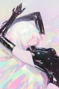 1girl armpits arms_up bare_shoulders black_gloves black_leotard breasts covered_eyes elbow_gloves glitter gloves hair_over_eyes highres latex latex_gloves latex_leotard leotard lying medium_hair null_yukikaze_(artist) on_back open_mouth original pale_skin simple_background small_breasts solo teeth upper_body white_hair