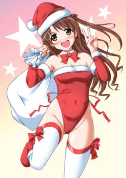 1girl breasts brown_hair christmas_costume cleavage highleg highleg_leotard idolmaster idolmaster_cinderella_girls leotard red_leotard shimamura_uzuki v