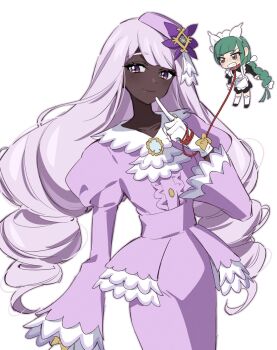 2girls angry apron ascot black_romper blush bow bowtie braid braided_ponytail dark-skinned_female dark_skin dress fascinator frilled_ascot frills gloves go_mi_111 gold_ring green_hair hair_bow highres holding holding_leash jacinthe_(pokemon) juliet_sleeves leash lebanne_(pokemon) long_braid long_hair long_sleeves looking_at_viewer low_drills maid maid_apron maid_headdress master_and_servant mega_stone multiple_girls nintendo open_mouth pokemon pokemon_legends:_z-a puffy_sleeves purple_dress purple_eyes purple_hair red_leash romper simple_background smile teeth thighhighs very_dark_skin white_background white_bow white_bowtie white_gloves white_thighhighs