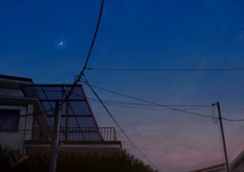 alu.m_(alpcmas) building commentary_request contrail crescent_moon dusk moon no_humans original outdoors power_lines railing signature sky sky_focus utility_pole window