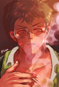 1boy cigarette commentary green_hair green_jacket holding holding_cigarette jacket lipstick_mark male_focus one_piece roronoa_zoro serein shadow short_hair smoke solo stitched_torso stitches sunglasses symbol-only_commentary twitter_username