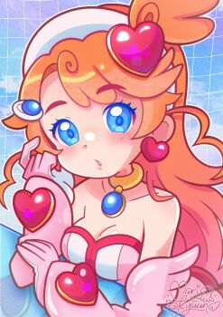 1girl absurdres artist_name artist_self-insert bare_shoulders beret blue_eyes blush breast_rest breasts breasts_on_table choker cleavage collarbone commentary curly_hair cyber_fashion detached_sleeves dot_nose dress earrings elbow_rest elbows_on_table finger_to_head gem gloves gold_choker gradient_sky grid_background hair_ornament hairclip halftone hat heart heart_earrings heart_hair_ornament highres index_finger_raised indie_virtual_youtuber jewelry long_hair long_sleeves looking_at_viewer magical_girl marikyuunn marikyuunn_(vtuber) marikyuunn_(cyber_cupid)_(vtuber) medium_breasts official_alternate_costume orange_hair parted_lips pink_dress pink_gloves pink_sleeves ponytail short_ponytail signature sky solo strapless strapless_dress tareme thick_eyebrows upper_body very_long_hair virtual_youtuber white_hat