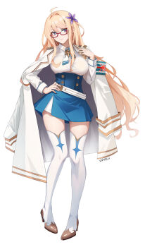1girl ahoge artist_name blonde_hair blue_eyes blue_skirt boots breasts chinese_commentary coat coat_on_shoulders collared_shirt commentary_request epaulettes flower full_body glasses hair_flower hair_ornament high-waist_skirt high_heel_boots high_heels highres hood_(warship_girls_r) large_breasts legs long_hair long_sleeves looking_at_viewer open_clothes open_coat pigeon-toed red-framed_eyewear shirt simple_background skirt smile solo standing tachi-e thigh_boots thighhighs union_jack warship_girls_r white_background white_coat white_hair xnnagu zettai_ryouiki