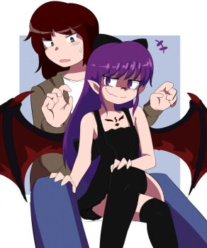 chest_tattoo demon_girl demon_horns demon_wings grey_eyes hecate_(shrift) horns kazuya_(shrift) mon-musu_quest! mon-musu_quest:_paradox purple_eyes purple_hair red_hair rylarolls shrift sitting sitting_on_lap sitting_on_person tattoo wings