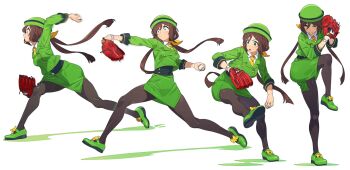 ball baseball baseball_(object) baseball_glove black_pantyhose blue_sky bow bowler_hat breasts brown_hair closed_mouth collared_shirt formal_clothes green_eyes green_hat green_jacket green_skirt hair_between_eyes hat hayakawa_tazuna highres holding jacket long_hair long_sleeves necktie nishiki_kazue open_mouth pantyhose pitching ponytail shirt shoes skirt skirt_suit sky spinning standing standing_on_one_leg suit umamusume white_shirt yellow_necktie