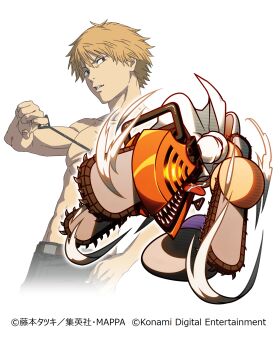 Rule 34 | 2boys, abs, artist request, attack trail, ball hands, belt, belt buckle, black pants, black shoes, blonde hair, broad shoulders, brown belt, brown eyes, buckle, chainsaw, chainsaw man, collarbone, company name, copyright notice, cowboy shot, crossover, denji (chainsaw man), dress pants, dress shirt, fingernails, full body, glowing, hand in pocket, head tilt, highres, jikkyou powerful pro yakyuu, konami, multiple boys, nose, nostrils, official art, official art inset, open clothes, open shirt, pants, parted lips, partially shaded face, pectorals, power pro appli, projected inset, pull cord, rayman limbs, saliva, sanpaku, second-party source, sharp teeth, shirt, shoes, short sleeves, simple background, skinny, sleeves pushed up, studio mappa, teeth, thick lineart, toned, toned male, tongue, tongue out, topless male, v-shaped eyebrows, white shirt, white sleeves, yellow eyes