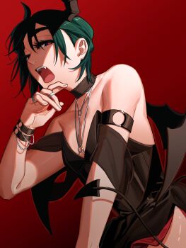 1girl absurdres alien_stage alternate_costume bare_shoulders black_choker black_dress black_eyes black_hair black_horns black_tail choker commentary cowboy_shot demon_horns demon_tail demon_wings dress english_commentary fangs hand_on_own_chin highres horns kuradrawings off-shoulder_dress off_shoulder open_mouth pinky_ring red_background red_pupils short_hair solo sua_(alien_stage) tail wings