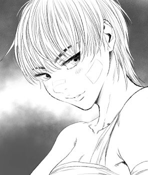 1girl armpit_crease bandaged_arm bandages bandaid bandaid_on_cheek bandaid_on_face bandaid_on_nose bare_shoulders breasts cleavage commentary_request eyebrows_hidden_by_hair greyscale highres lee_(dragon_garou) lips medium_breasts monochrome original parted_lips portrait profile sarashi short_hair smile solo