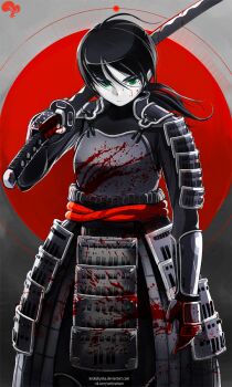 1girl armor black_hair blood blood_splatter bloody_weapon dou faulds female_focus gauntlets green_eyes highres huge_weapon japanese_armor katana krokobyaka long_hair original over_shoulder pale_skin pauldrons ponytail samurai serious shoulder_armor sode solo sword sword_over_shoulder watermark weapon weapon_over_shoulder web_address