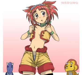 00s 1girl ace_(dinosaur_king) blush border breasts carnotaurus dinosaur dinosaur_king gabu_(dinosaur_king) gradient_background grey_eyes looking_at_viewer midriff navel no_bra open_fly open_mouth outside_border panties panty_peek red_hair short_hair shorts small_breasts standing sunglasses sunglasses_on_head takaya_n tatsuno_malm thighhighs triceratops twintails underwear white_border white_panties