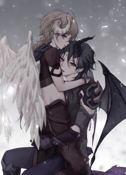 2boys aether_(genshin_impact) angel angel_wings blonde_hair boy_on_top cooccocoocco demon demon_horns demon_wings genshin_impact gloves highres horns hug looking_to_the_side male_focus midriff multiple_boys pointy_ears sitting sitting_on_lap sitting_on_person wings xiao_(genshin_impact) yaoi