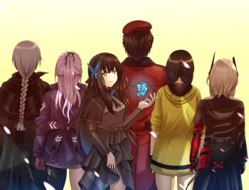 Rule 34 | 1boy, 5girls, anti-rain (girls' frontline), beret, commander (girls' frontline), girls' frontline, griffin &amp; kryuger military uniform, hat, long hair, looking at viewer, looking back, lunasia (girls' frontline), m16a1 (boss) (girls' frontline), m16a1 (girls' frontline), m4 sopmod ii (girls' frontline), m4a1 (girls' frontline), multiple girls, ouga (user ctzw2237), ro635 (girls' frontline), short hair, st ar-15 (girls' frontline), yellow background