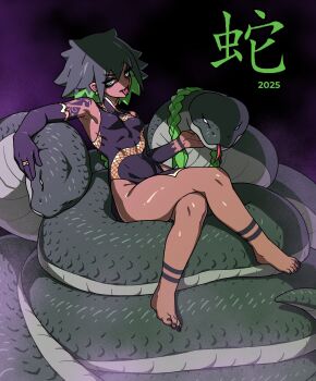 1girl absurdres aniwars barefoot breasts chinese_zodiac commentary covered_navel earrings english_commentary eyeshadow fang forked_tongue full_body gloves green_eyes green_hair grey_hair grey_nails highres hydra_(aniwars) jewelry long_hair looking_at_viewer makeup multicolored_hair ponaners purple_eyeshadow purple_gloves sitting small_breasts snake solo tattoo tight_clothes tongue tongue_out two-tone_hair v-shaped_eyebrows very_long_hair year_of_the_snake