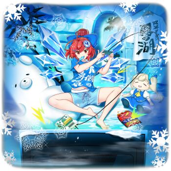 1girl alternate_costume alternate_eye_color alternate_hair_color alternate_hairstyle barefoot blue_bow blue_shirt blue_shorts bow character_doll circled_9 cirno cirno_(brave_armored_fairy) clothes_writing controller daiyousei detached_wings doll food food_in_mouth game_cg game_console game_controller hair_bow hair_ornament highres holding holding_controller holding_game_controller ice ice_wings igloo monitor mouth_hold navel official_art playing_games popsicle popsicle_in_mouth red_eyes red_hair rotte_(1109) shirt short_sleeves shorts snow_shelter snowflakes solo third-party_source toes touhou touhou_lostword translation_request transparent_background unworn_shirt wings x_hair_ornament