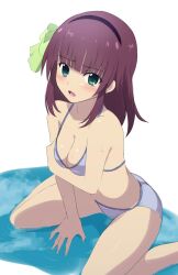 Rule 34 | 1girl, angel beats!, arm under breasts, bare arms, between legs, bikini, black hairband, blue bikini, blunt bangs, blush, bow, breasts, cleavage, collarbone, commentary, curvy, eyes visible through hair, foot out of frame, from above, green bow, green eyes, hair bow, hairband, halterneck, hand between legs, highres, lelie (lelie link), looking at viewer, medium breasts, medium hair, nakamura yuri, open mouth, paid reward available, purple hair, ripples, shiny skin, shy, sidelocks, simple background, sitting, solo, straight hair, swimsuit, thighs, tsurime, wariza, water, wet, white background