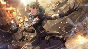 aircraft brown_hair building dress fire game_cg gloves green_hair gun hagiwara_yukiho hat holding idolmaster idolmaster_million_live! idolmaster_million_live!_theater_days lamppost mini_hat official_art orange_eyes railing robot smile smoke tokoro_megumi tokugawa_matsuri weapon