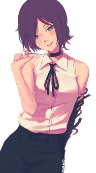 1girl artist_name black_gloves black_ribbon black_shorts chainsaw_man choker elbow_gloves gloves green_eyes highres looking_at_viewer muranomiro neck_ribbon pull_cord purple_hair reze_(chainsaw_man) ribbon shirt shorts simple_background single_elbow_glove sleeveless sleeveless_shirt solo white_background white_shirt