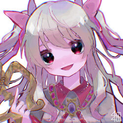 Rule 34 | 1girl, alternate hairstyle, blonde hair, blush, chaos marie (grimms notes), gradient hair, grimms notes, hair ribbon, heart, heart-shaped pupils, holding, holding wand, holding weapon, jewelry, long hair, multicolored hair, necklace, odx xho, open mouth, pendant, pink eyes, puffy short sleeves, puffy sleeves, ribbon, short sleeves, simple background, smile, symbol-shaped pupils, twintails, upper body, wand, weapon, white background