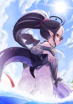 1girl :t absurdres angel ass asymmetrical_wings azrael_(deltapluto) bandeau beach bikini bikini_under_clothes black_bandeau black_bikini black_hair black_halo black_wings blue_sky caustics cloud commentary cowboy_shot deltapluto detached_wings earrings english_commentary flat_chest from_behind from_below glasses hair_ornament hair_scrunchie halo highres holding holding_swim_ring hoop_earrings horns innertube jewelry looking_at_viewer looking_back multicolored_hair necklace ocean orange_eyes original palm_tree pink_scrunchie pointy_ears ponytail pout scrunchie see-through_clothes see-through_shirt shirt shirt_hold sky snake_girl snake_tail solo split-color_hair sun swim_ring swimsuit tail tree two-tone_hair two-tone_wings wading water wet wet_clothes wet_shirt white_hair white_wings wings