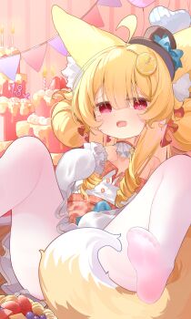 1girl absurdres ahoge animal_ear_fluff animal_ears blonde_hair cake character_age chinese_commentary commentary_request food fox_ears fox_girl fox_tail fruit hat highres large_variant_set loli mini_hat ningmeng_jing_jing_jing_jing no_shoes open_mouth original pantyhose red_eyes solo tail variant_set white_pantyhose