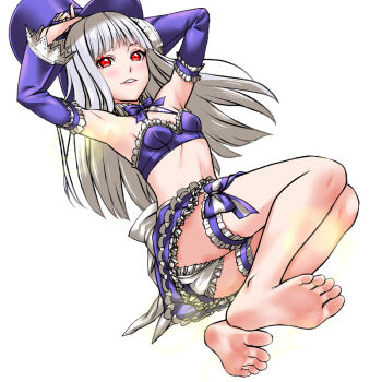 1girl barefoot blush feet grey_hair hat ingrid_(capcom) long_hair looking_at_viewer lowres parted_lips red_eyes soles street_fighter street_fighter_6 toes top_hat touya_(msdonuts18)