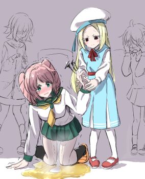 4girls age_difference black_socks blonde_hair blue_eyes blush covering_face dress drill_hair grabbing_another&#039;s_hand hanabishi_haruka hand_up hat highres humiliation kneeling loli long_hair looking_at_another mahou_shoujo_ni_akogarete multiple_girls nero_alice nervous onee-loli open_mouth outdoors pee peeing peeing_self pink_hair red_shoes ribbon school_uniform shoes smile socks sweat tears white_socks