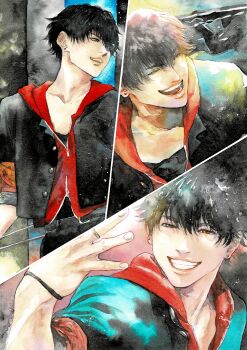 Rule 34 | 1boy, absurdres, arm at side, bandana, bandana around arm, belt, black belt, black hair, black jacket, black pants, black shirt, bracelet, collarbone, commentary request, cropped jacket, earrings, fingernails, gakuran, green eyes, grin, hair between eyes, hand up, heterochromia, highres, hood, hood down, hoodie, hypnosis mic, hypnosis mic: rule the stage, jacket, jacket over hoodie, jewelry, leaning forward, light particles, looking at viewer, looking to the side, male focus, mole, mole under eye, multiple views, narrowed eyes, official alternate costume, open clothes, open jacket, open mouth, painting (medium), pants, realistic, red bandana, red eyes, red hoodie, ring, saatooiimooo, school uniform, shirt, short hair, sleeves rolled up, smile, spread fingers, stud earrings, traditional media, unzipped, upper body, very short hair, watercolor (medium), wispy bangs, yamada ichiro, yamada ichiro (tdd era), zipper, zipper pull tab