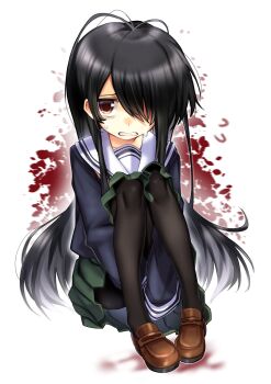 Rule 34 | 1girl, absurdres, bags under eyes, black hair, black pantyhose, blood, blood splatter, blue shirt, brown eyes, brown shoes, clenched teeth, commentary request, full body, furrowed brow, green skirt, grimace, hair over one eye, highres, hugging own legs, izumozaki neneko, knees to chest, loafers, long hair, long sleeves, looking at viewer, nepunepu, nervous, pantyhose, sailor collar, school uniform, serafuku, shironagasu-tou e no kikan, shirt, shoes, sitting, skirt, solo, splatter background, teeth, white background, white sailor collar