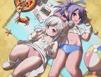 Rule 34 | 2girls, ball, beach, beach towel, beachball, blue bow, blue panties, blush, bow, camera, crab, crop top, double bun, dress, earrings, facial mark, final fantasy, final fantasy xiv, flat chest, food, freckles, frilled panties, frilled shirt, frills, from above, gloves, hair bow, hair bun, jewelry, lalafell, lotion, lying, medium hair, multiple girls, on back, open mouth, original, pafflez, panties, pink bow, pink eyes, pink panties, pizza, pointy ears, ponytail, purple eyes, purple hair, shirt, smile, starfish, sunscreen, towel, underwear, whisker markings, white dress, white gloves, white hair, white shirt