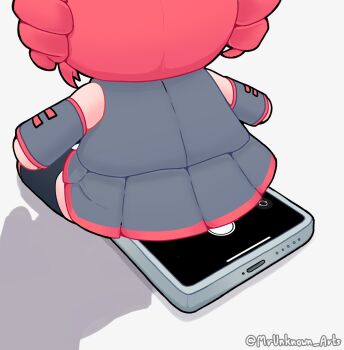 1girl cellphone character_doll detached_sleeves doll drill_hair fatass_teto_(meme) figures_taking_selfie_(meme) from_behind highres kasane_teto kasane_teto_(utau) meme mrunknown_arts phone red_hair shadow shirt sitting sitting_on_object skirt smartphone thighhighs twin_drills utau