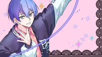 1boy aoyagi_touya arm_up blue_hair chako_(chaaaaa_1001) clenched_teeth collared_shirt commentary_request grey_eyes hair_between_eyes hand_up highres jacket long_sleeves looking_at_viewer male_focus mole mole_under_eye multicolored_hair official_alternate_costume open_clothes open_hand open_jacket pink_background pink_shirt project_sekai shirt short_hair smile solo sparkle split-color_hair teeth two-tone_hair upper_body wing_collar