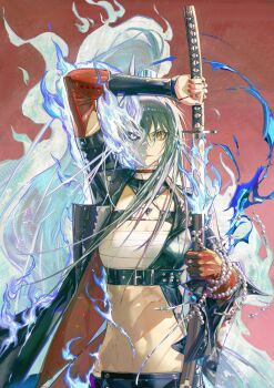 1girl arknights artist_request character_request fire groin navel sarashi tagme weapon youmonii