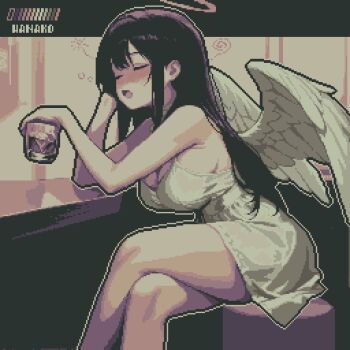 1girl angel angel_wings bar_(place) bare_legs bare_shoulders black_hair blush breasts cleavage closed_eyes crossed_legs cup dress drunk from_side hair_between_eyes halo hand_on_own_chest highres holding holding_cup large_breasts long_hair open_mouth original pixel_art short_dress sideboob sidelocks sitting solo specialhanako sundress thighs whisky_glass white_dress white_wings wings